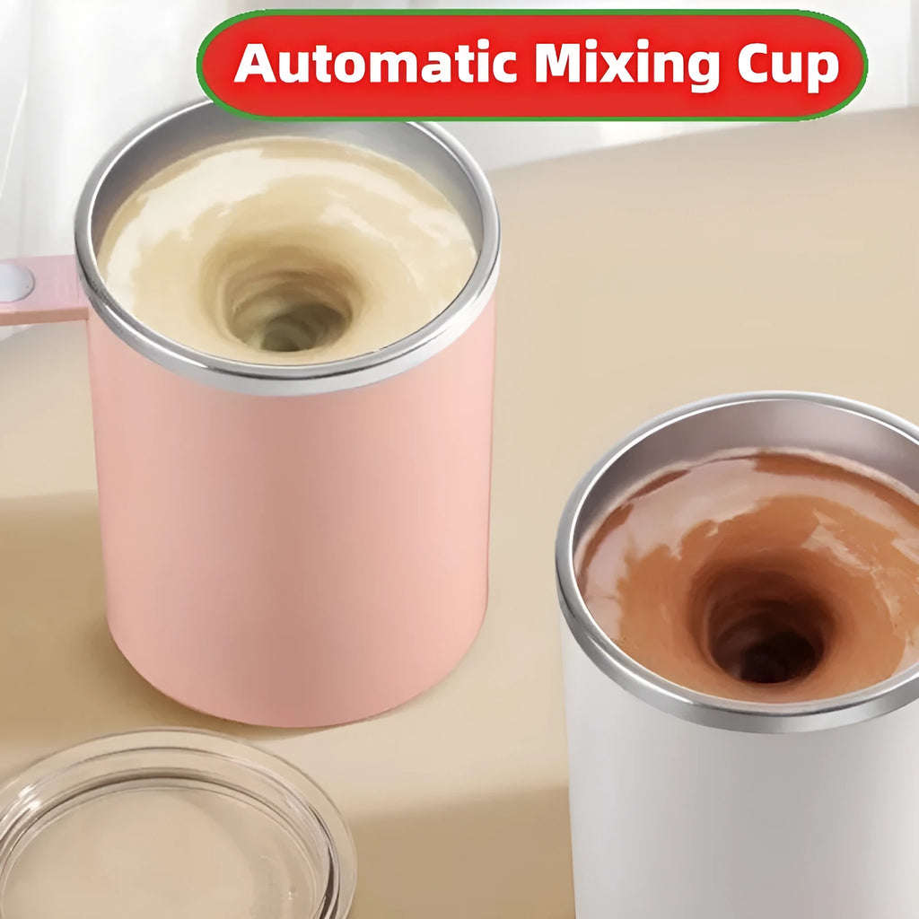 White automatic stirring coffee cup with rechargeable base on a table.