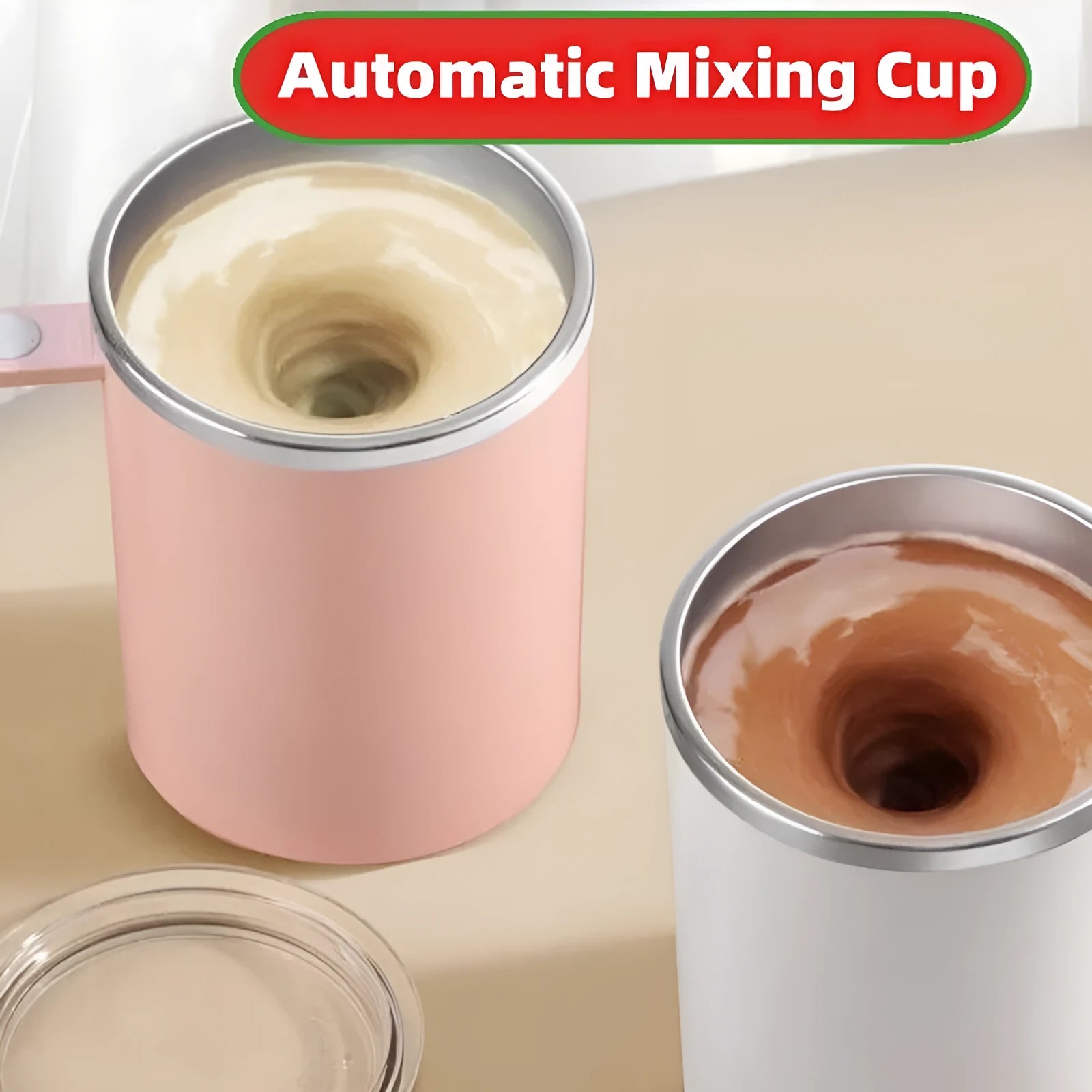 White automatic stirring coffee cup with rechargeable base on a table.