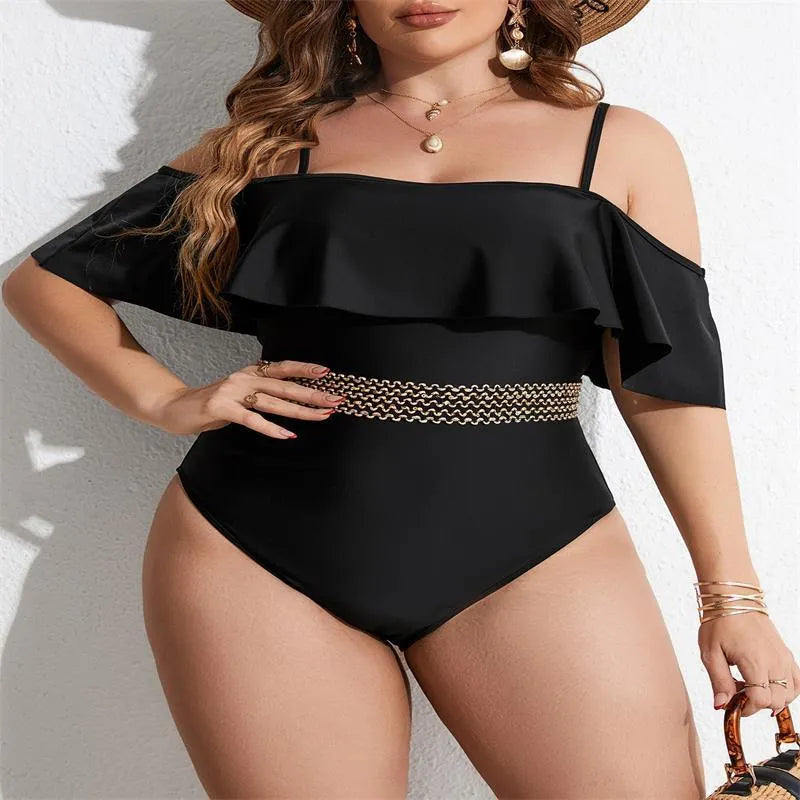 Black women's one-piece swimsuit shown in extended sizes