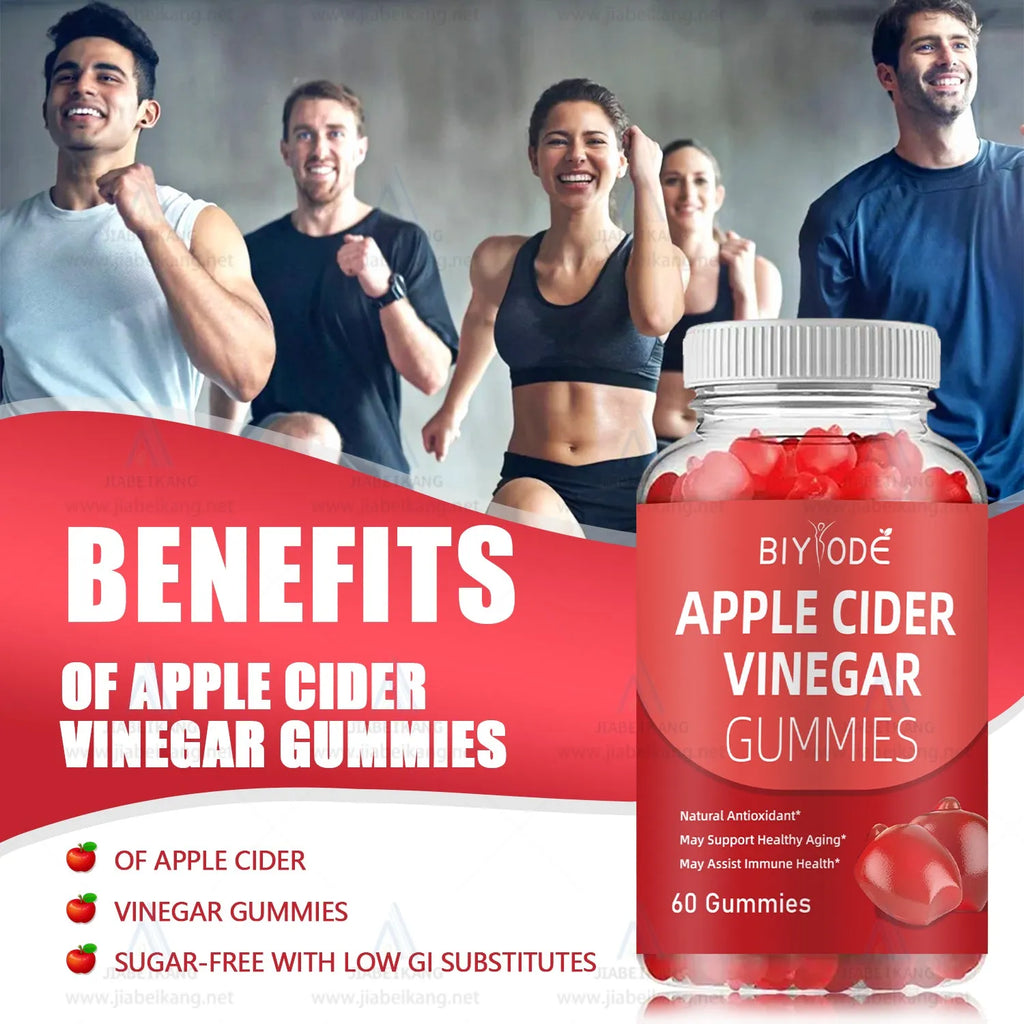 Bottle of Biyode apple cider vinegar gummies with 60 gummies per bottle, vegan and gluten-free