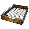 Black wood and iron storage rack with a pull-out basket drawer for kitchen organisation.