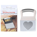 Stainless steel potato wave knife with black handle on a wooden kitchen surface.