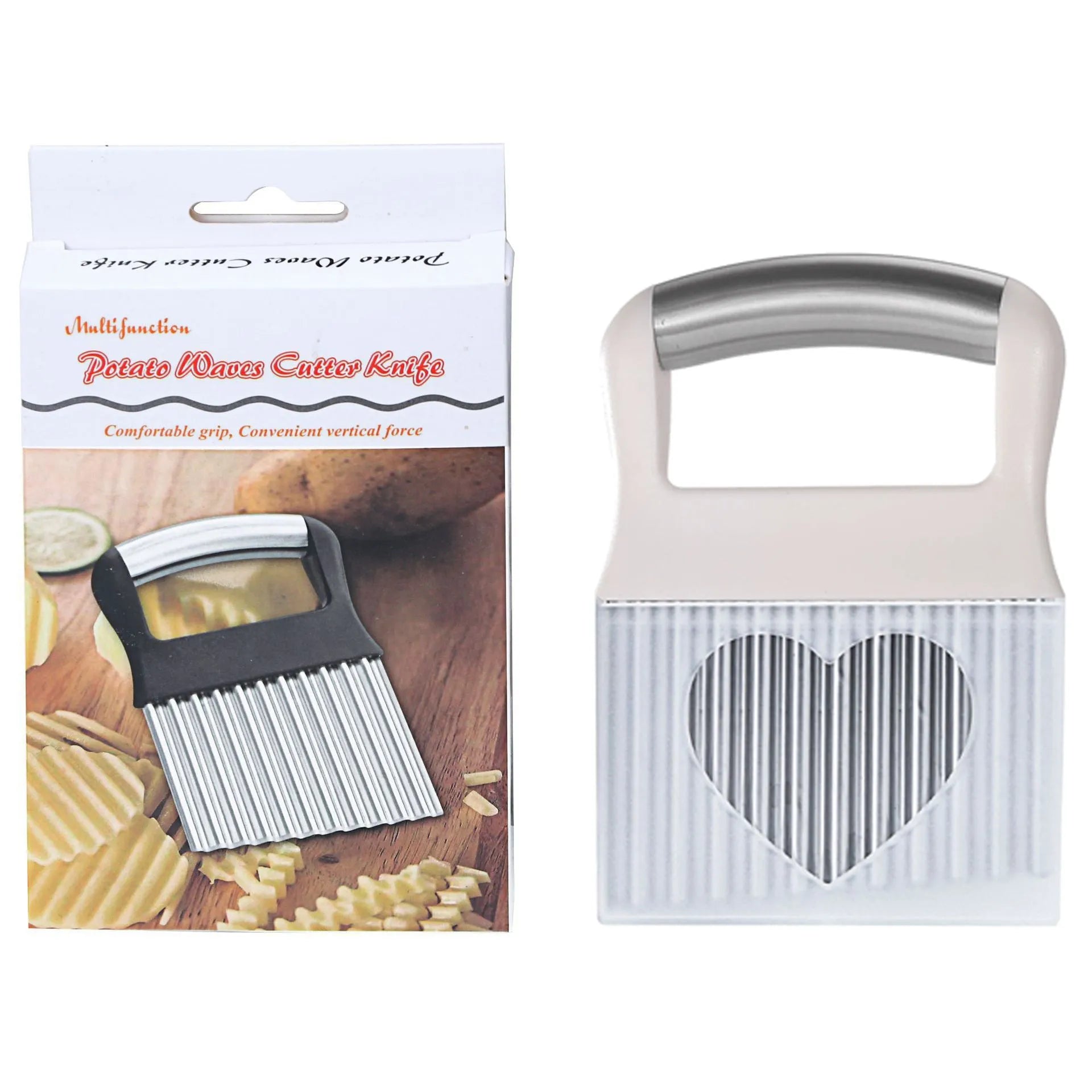 Stainless steel potato wave knife with black handle on a wooden kitchen surface.