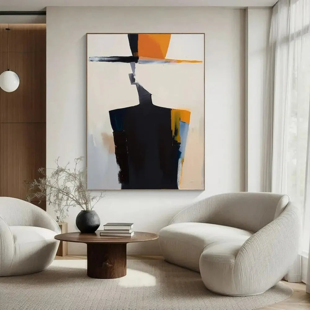 Hand-painted abstract canvas painting of a man with a hat, vertical oil painting for living room or bedroom wall art