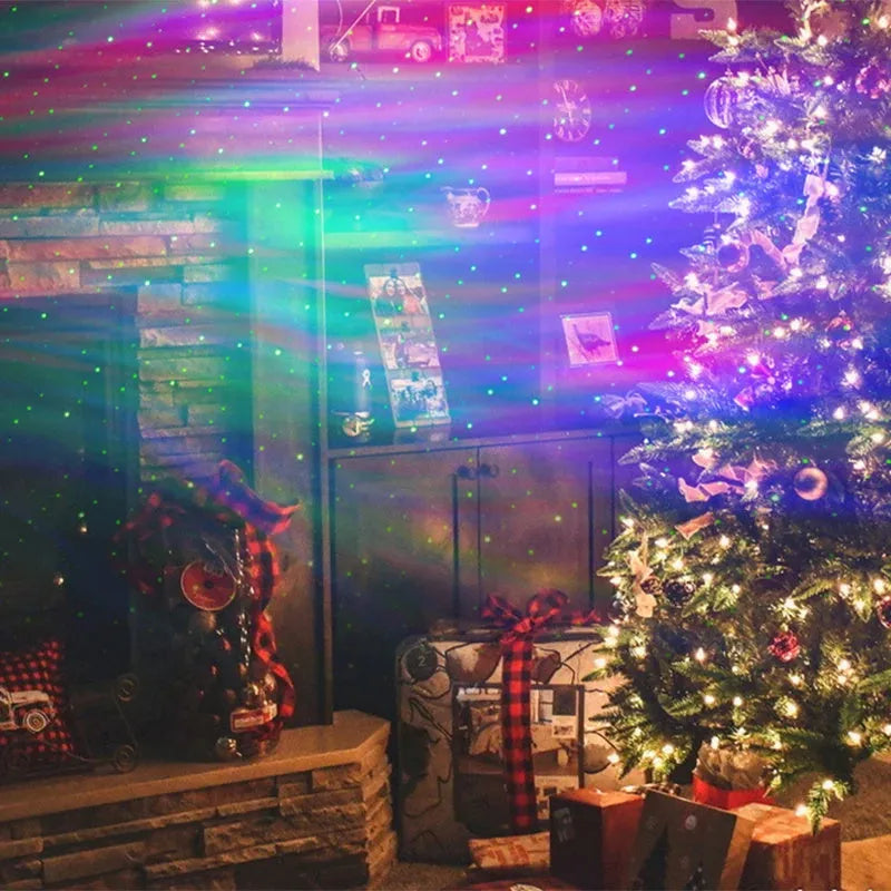White ABS galaxy star projector lamp with remote control projecting Northern Lights aurora and stars on a dark wall
