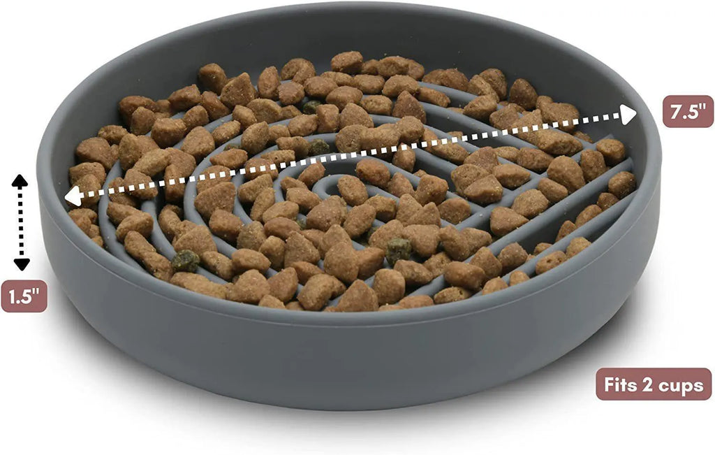 Silicone slow feeder pet bowl for cats and dogs in baby pink, grey, light green, or pink