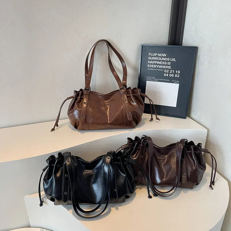 Women's PU crossbody underarm bag, horizontal square 48 x 13 x 20 cm, black brown coffee, inner patch pocket