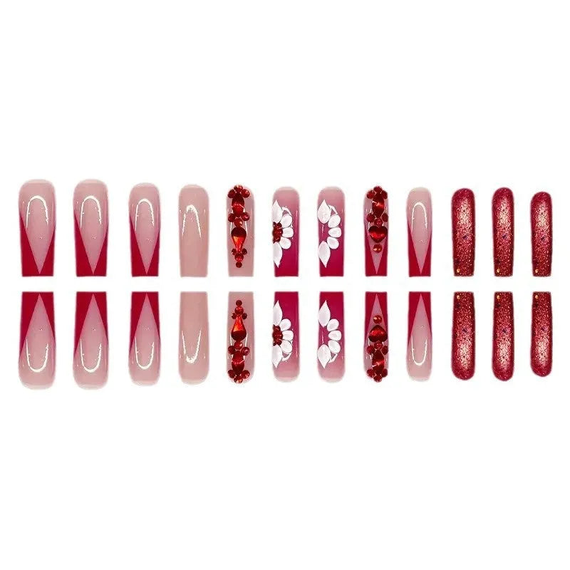 Sweet flowers pattern artificial nails with prismatic red diamond accents in European square shape