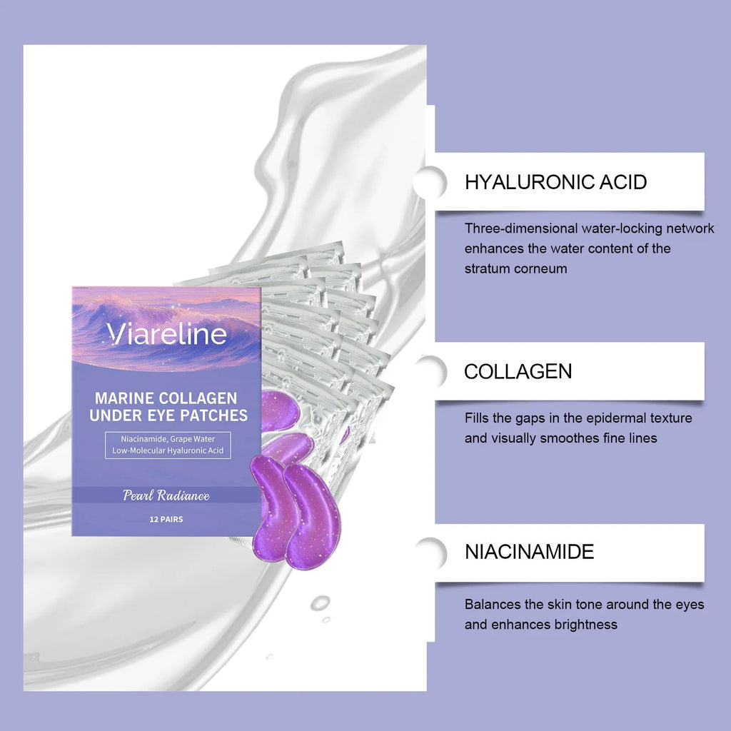 Box of 12 pairs of collagen and hyaluronic acid moisturising eye masks.