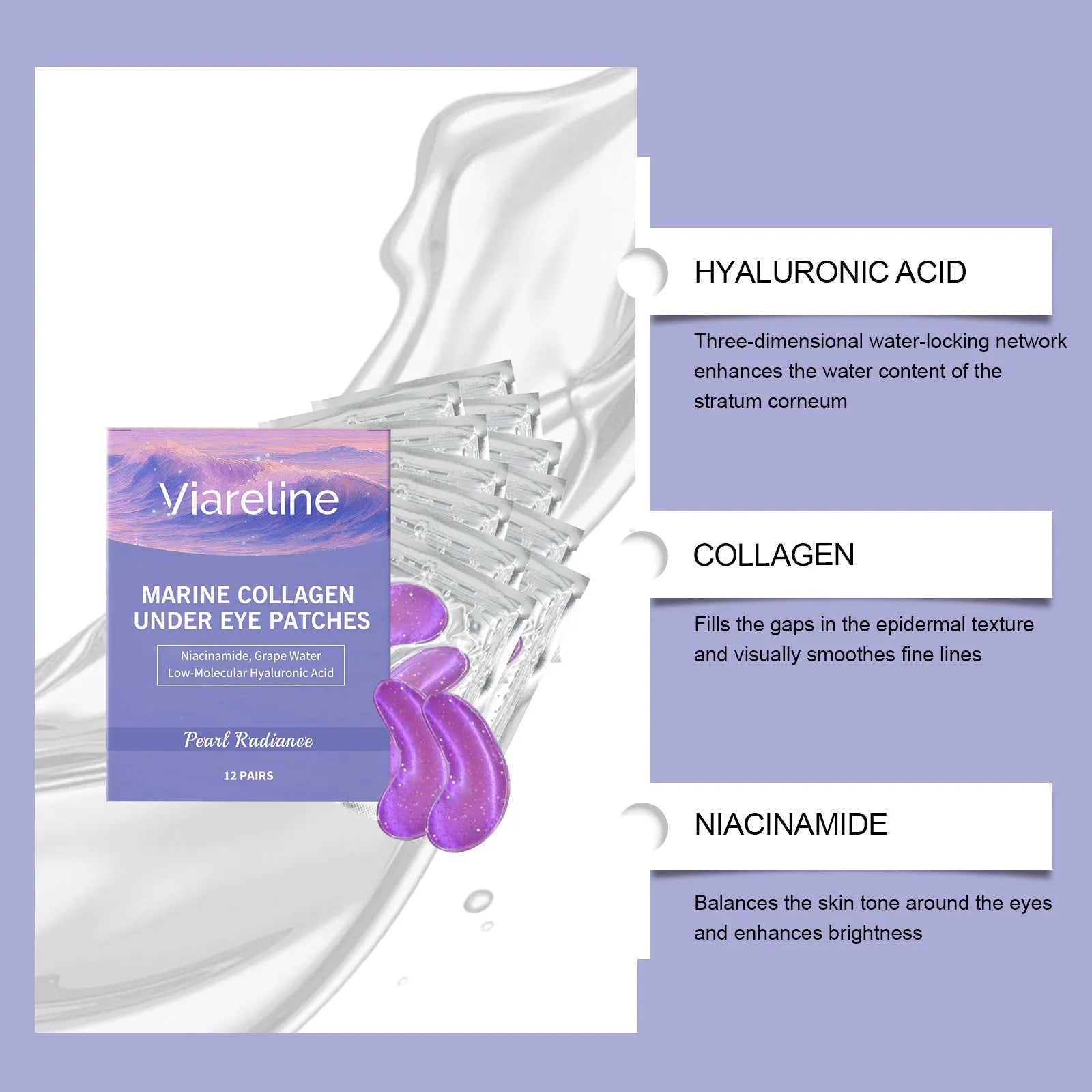 Box of 12 pairs of collagen and hyaluronic acid moisturising eye masks.