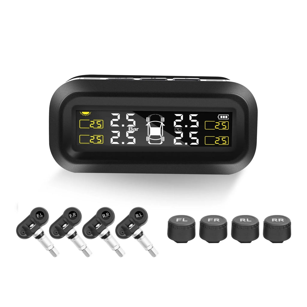 Solar wireless car tyre pressure monitoring system with colour screen display and four external sensors.