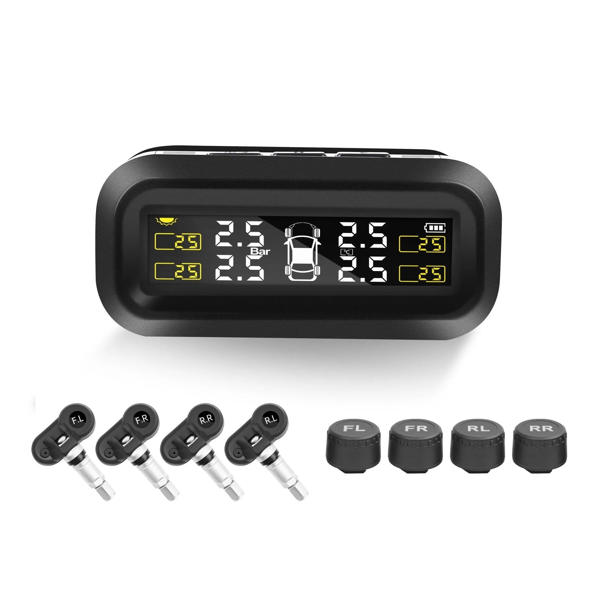 Solar wireless car tyre pressure monitoring system with colour screen display and four external sensors.