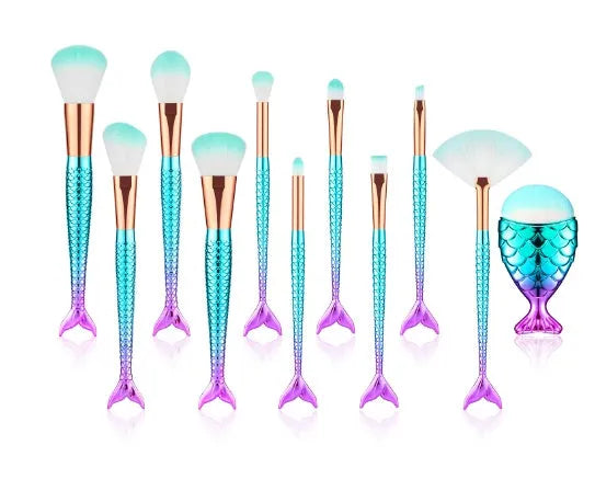 11-piece mermaid makeup brush kit with synthetic bristles, angled and tapered shapes