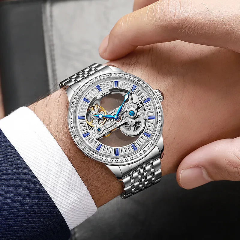 Men's zircon mechanical watch with transparent case back showing movement