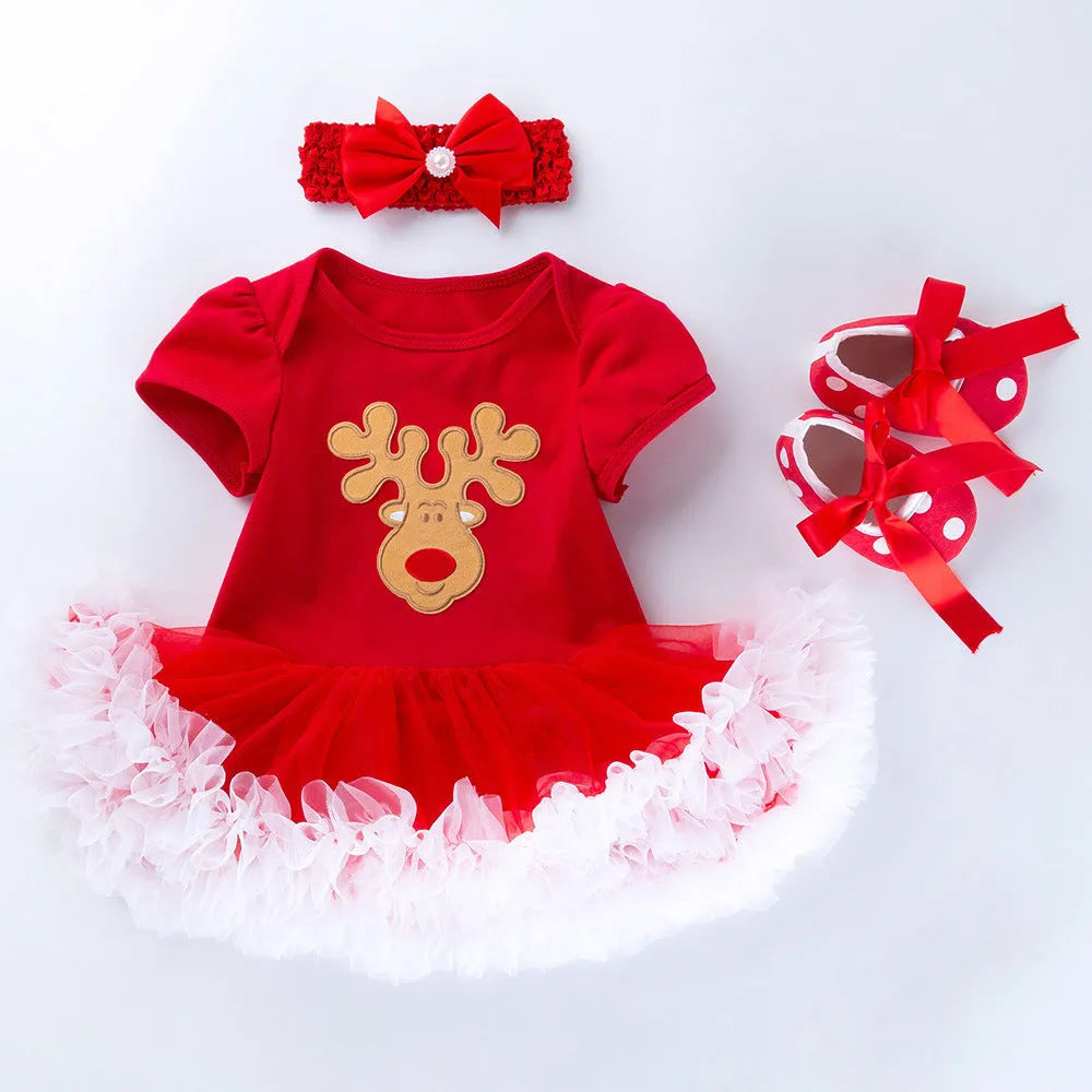 Baby short sleeve cartoon romper mesh dress in cotton with bow detail, shoes and headband, on newborn girl