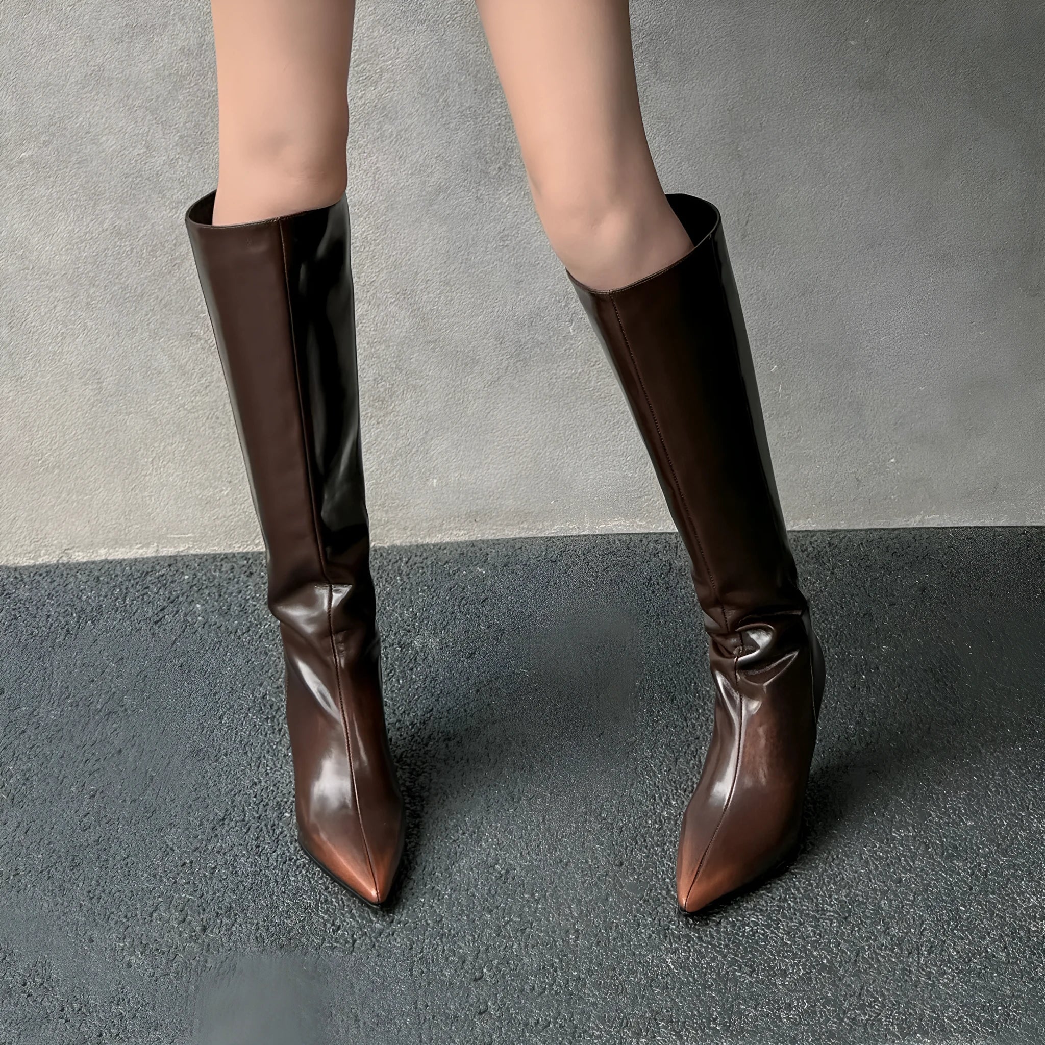 Women's pointed cowhide wedge boots in brown with 6-8cm heel and oversleeve high cylinder design