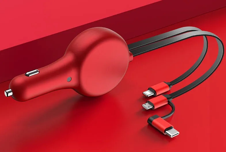Black retractable dual fast car charger with extended cables and three charging heads on a car seat