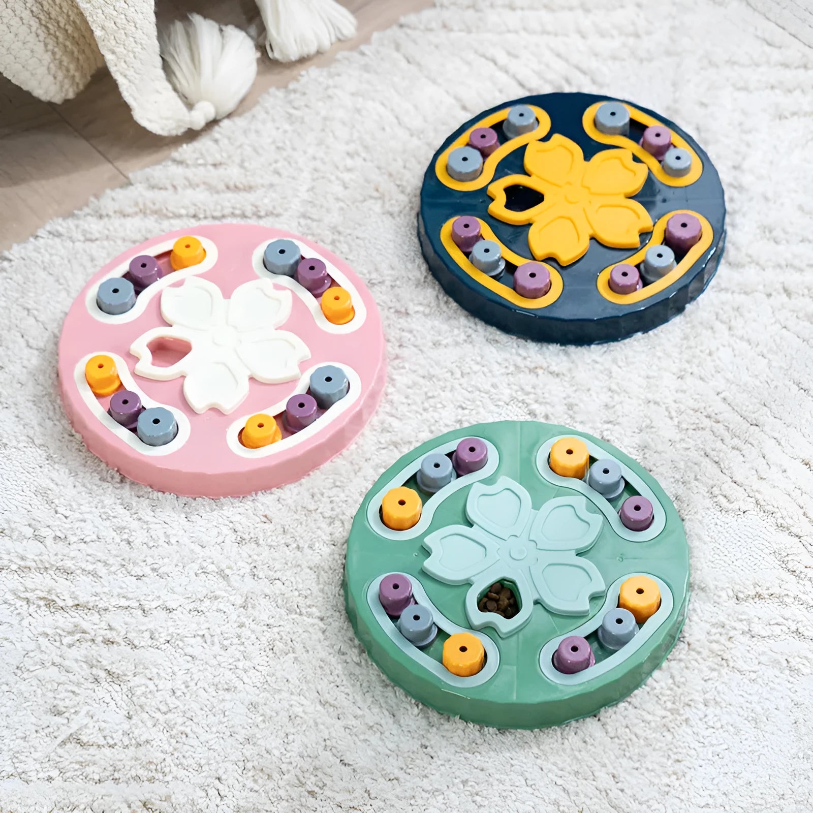 Blue rubberised silicone dog slow feeder puzzle mat with maze-like feeding channels
