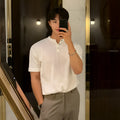 Men's thin ice silk knitted short-sleeved shirt in slim-fit style available in black, khaki, and white colours