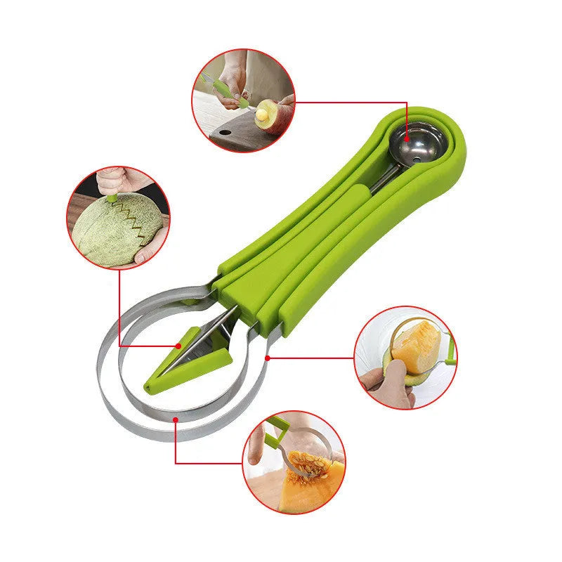 Three-in-one stainless steel fruit ball excavator with large and small scoops, green and blue PP handles