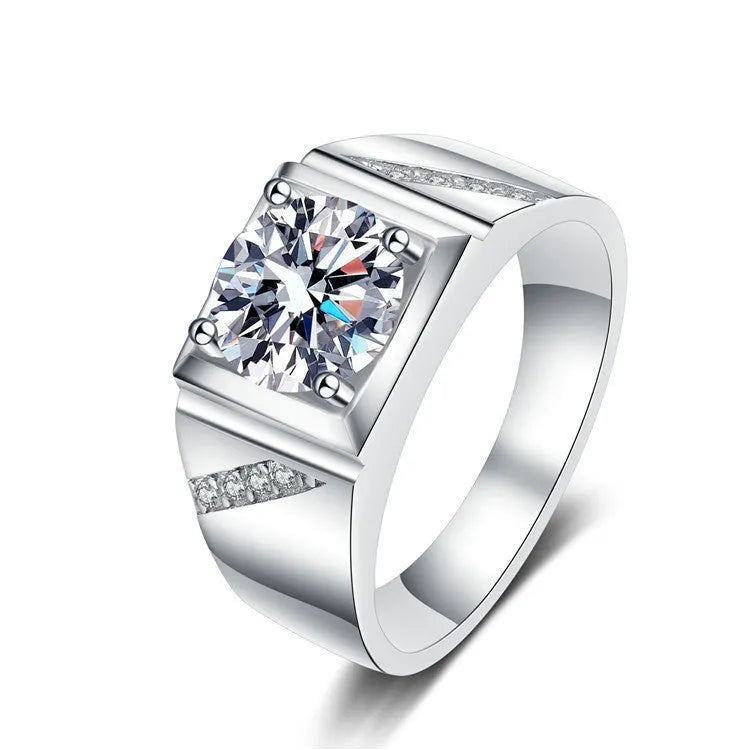 Men's large square diamond-style ring in copper with adjustable band, shown in gold and platinum finishes.