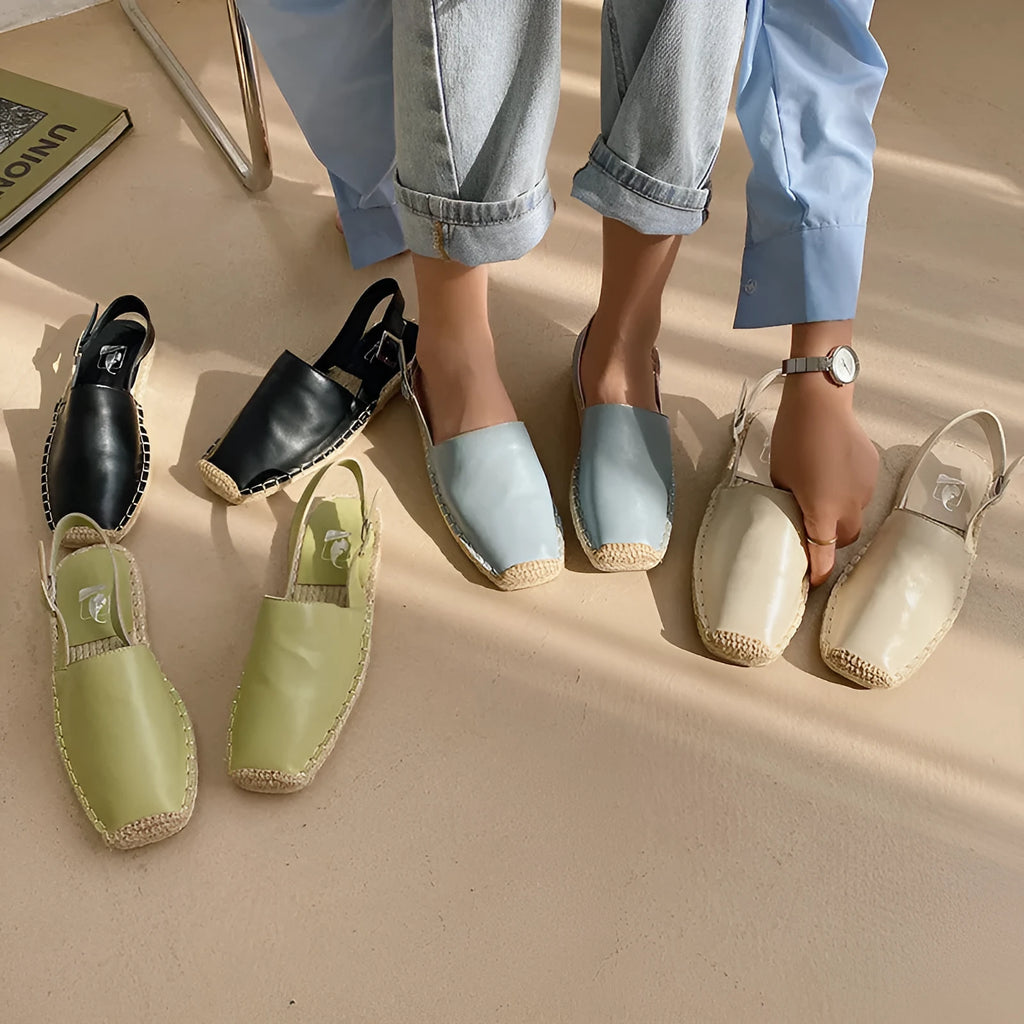 Baotou women's flat sandals with canvas upper and soft leather retro fisherman design in light blue colour