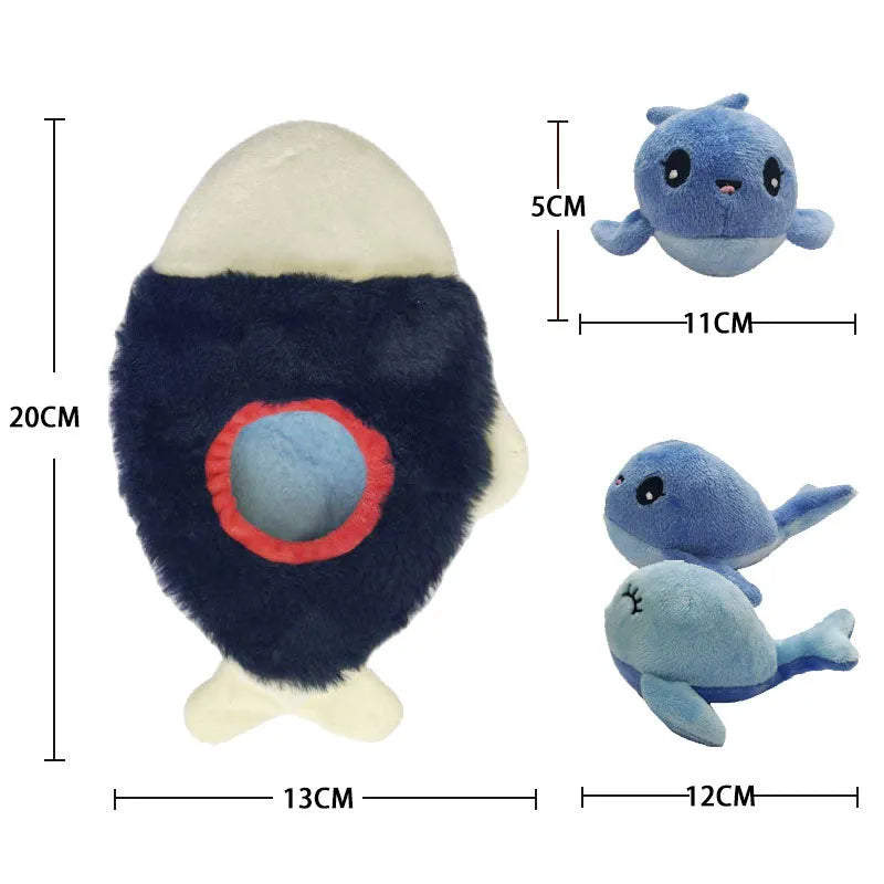 Blue plush dog toy with sound feature and hidden food pocket for treats, chewable boredom relief tool.