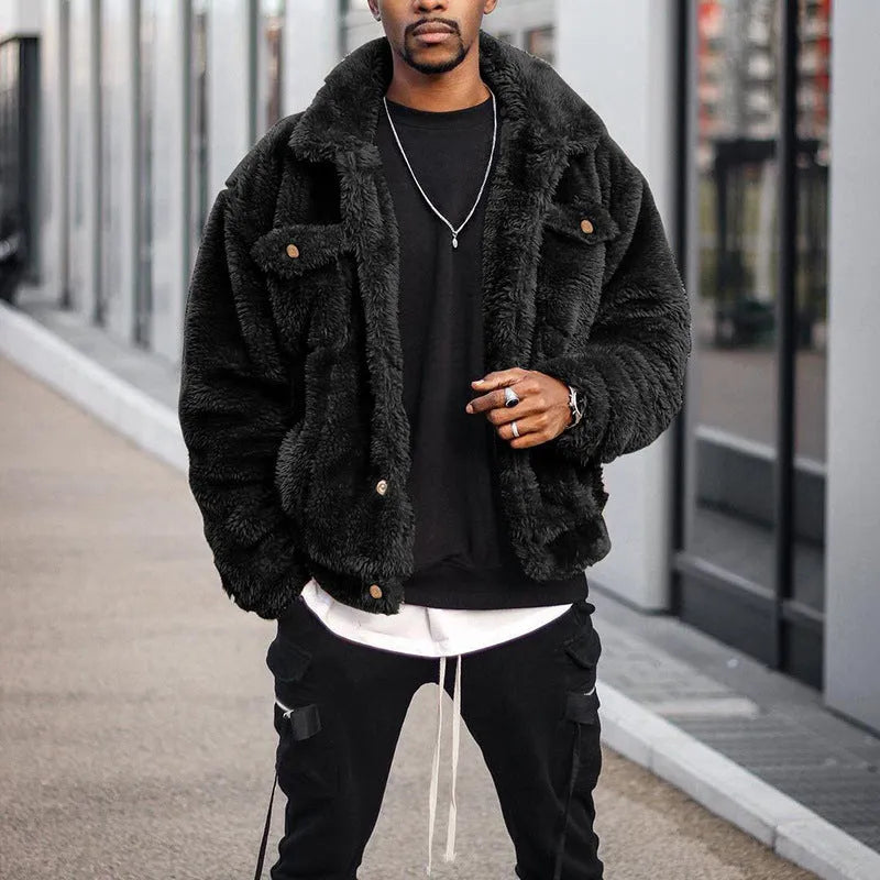 Men's black polyester jacket with long sleeves and loose fit, plain spring casual wear