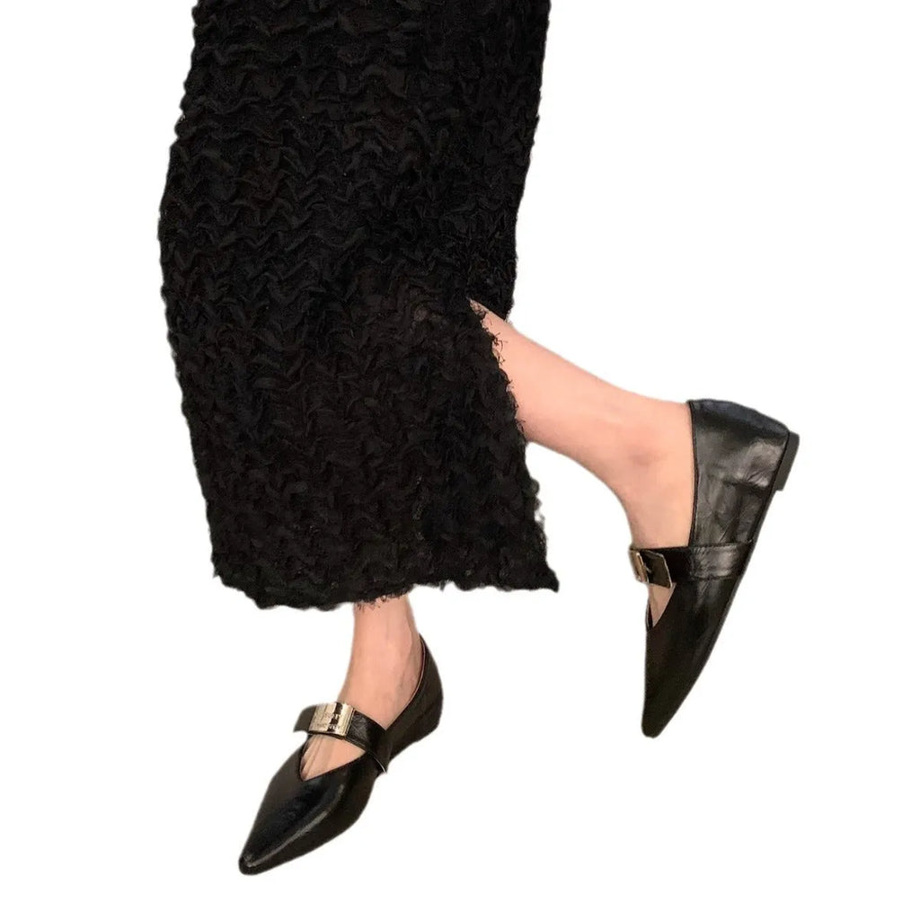 Women's silver finish pointed toe Mary Jane shoes with buckle fastening and low flat heel