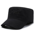 Men's cotton flat-top peaked cap in army green colour with English letter detailing and an adjustable strap.