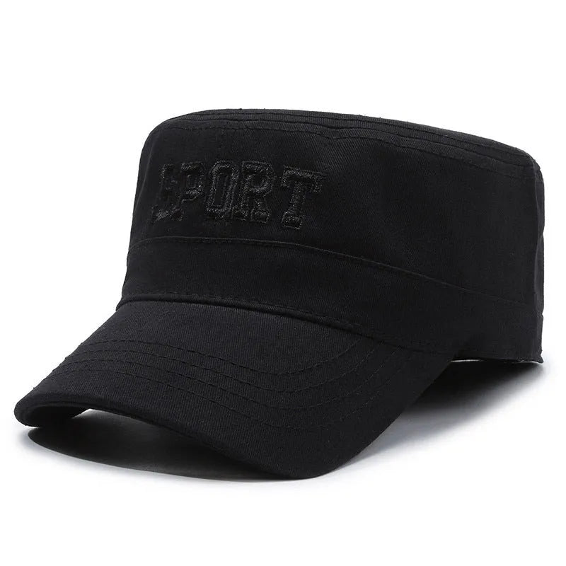 Men's cotton flat-top peaked cap in army green colour with English letter detailing and an adjustable strap.