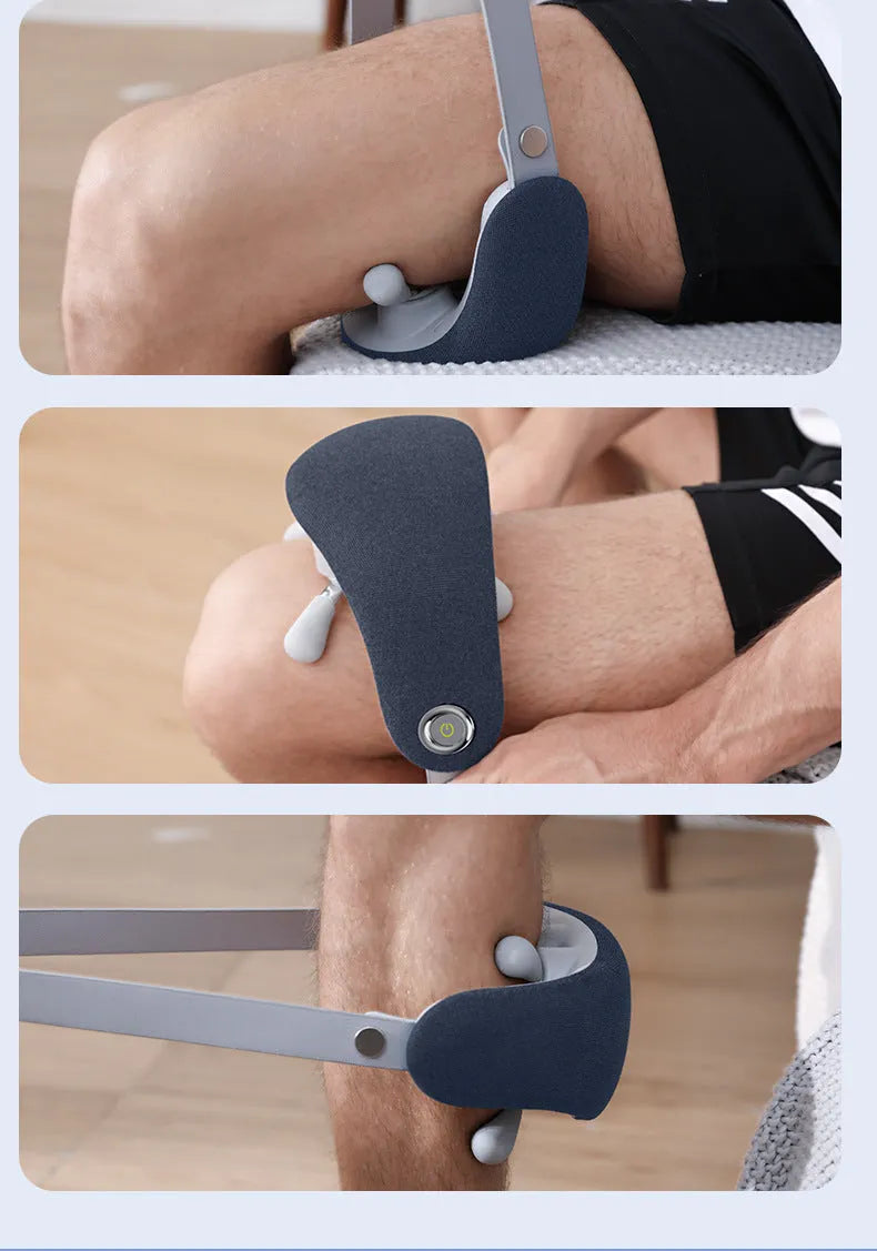 Rechargeable neck massager in dark blue with imitation hand grip and heat function on a home surface