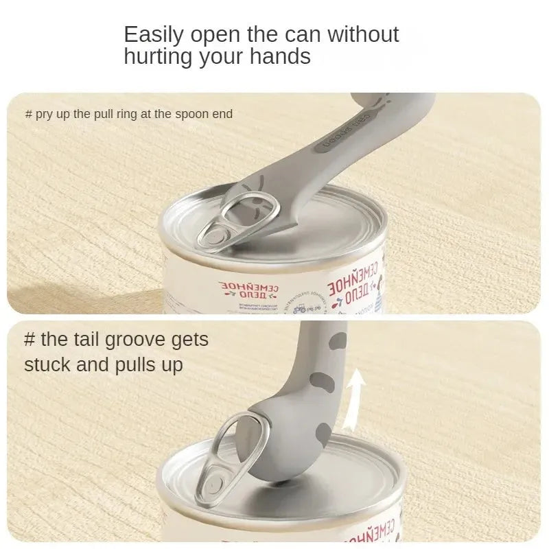 Grey, pink, and yellow silicone pet food spoon and lid sets with integrated can opener.