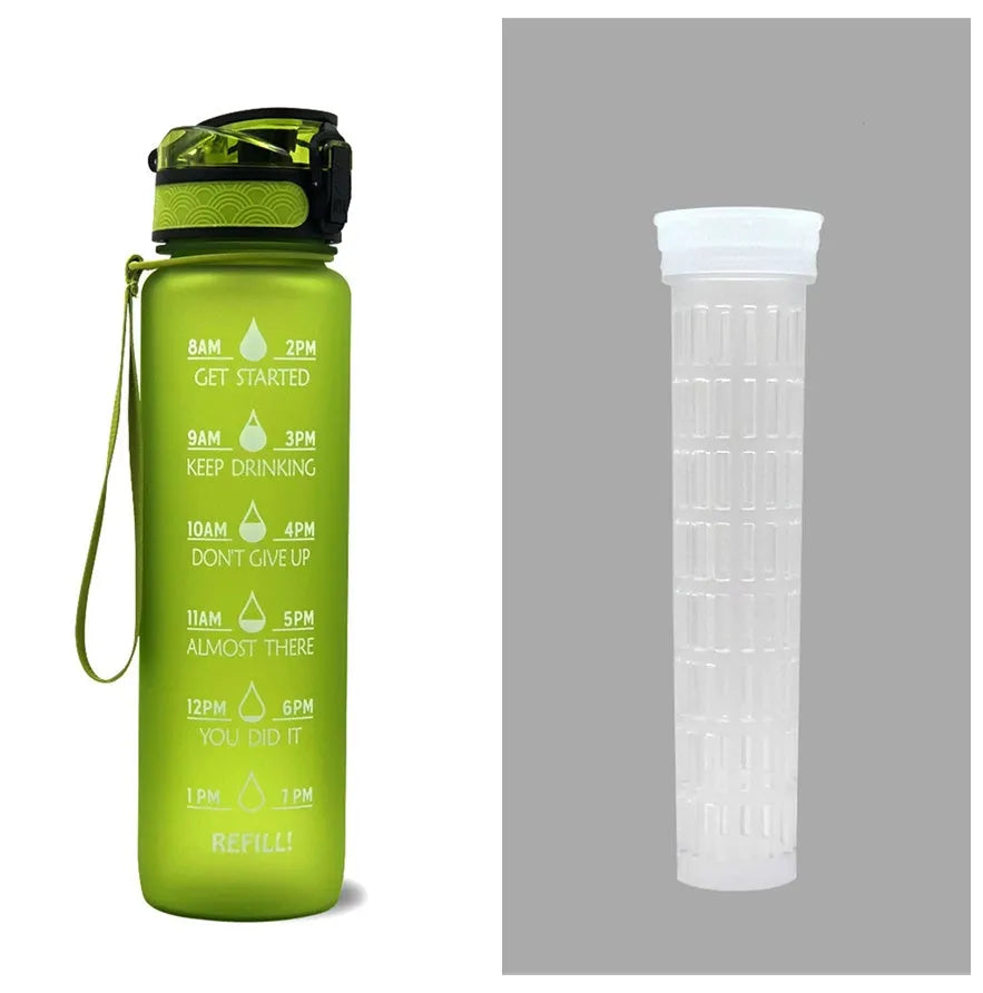 1L Tritan sports water bottle with time markers and flip-top lid in blue-red gradient colour