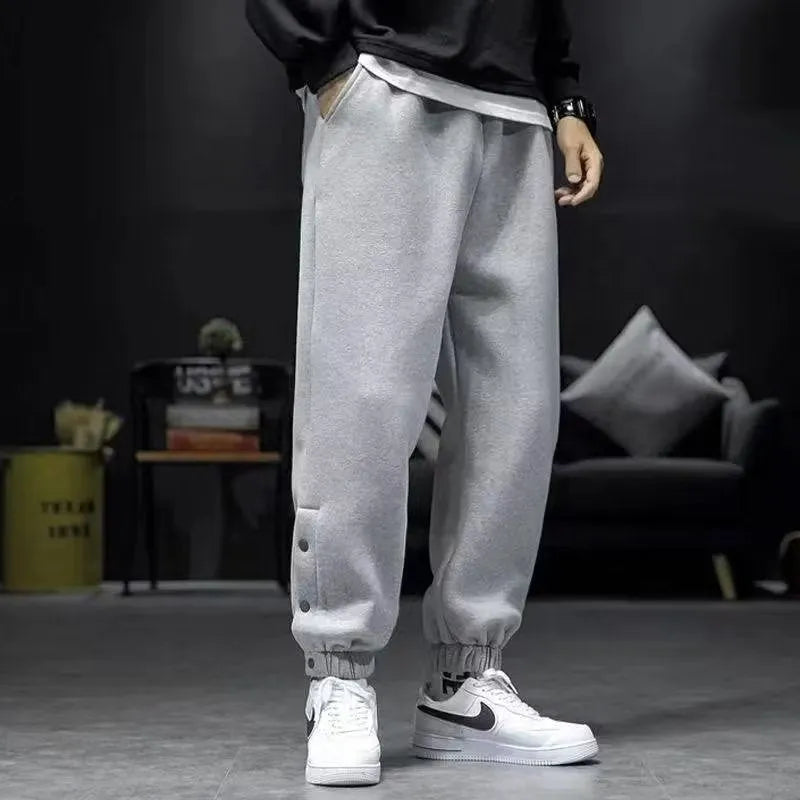 Autumn winter casual pants in cotton blend with skinny leg, ankle strap and velvet padded option, black or gray