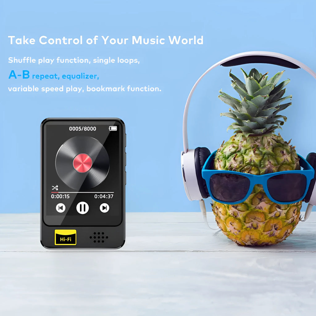 E-book player with external speaker, 1.8 inch screen, black plastic body, Bluetooth, FM radio, and USB charging