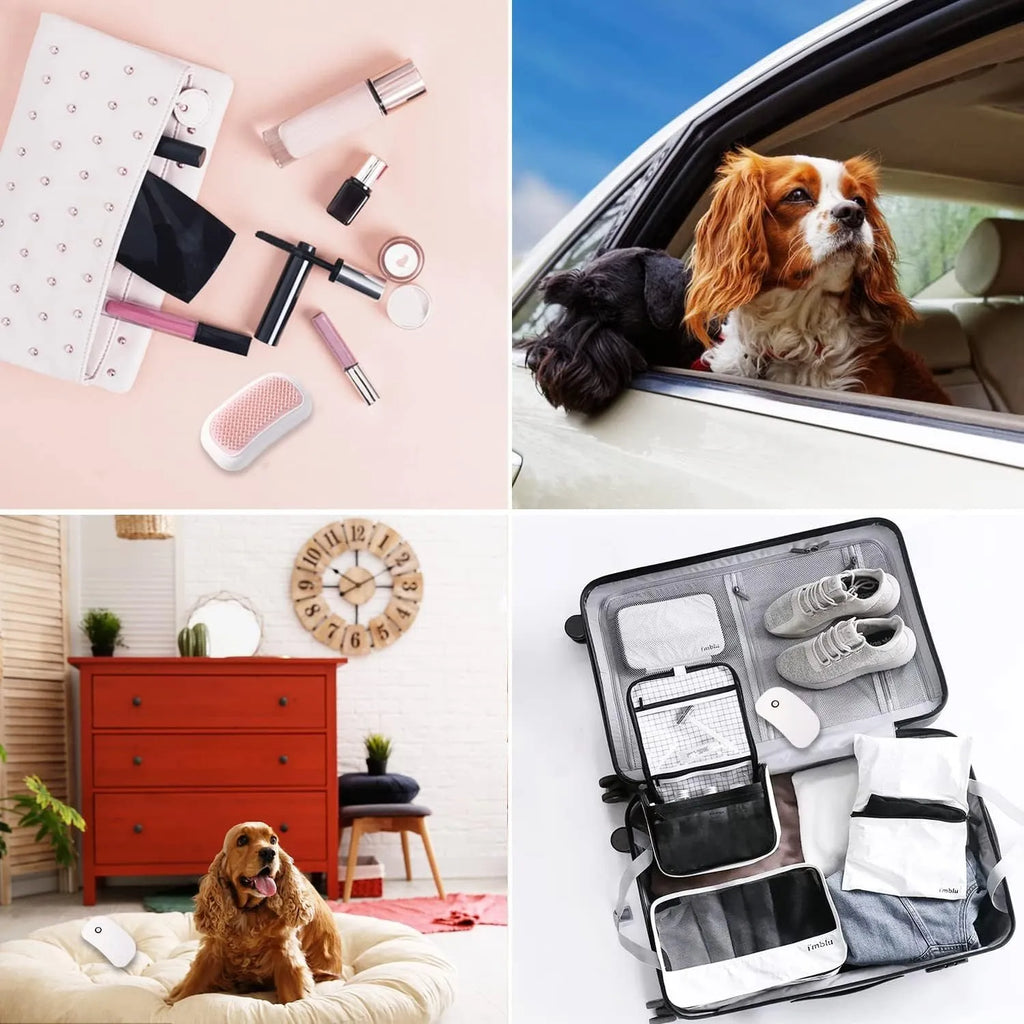 Pink handheld electric pet grooming brush with soft TPE teeth for cats and dogs.