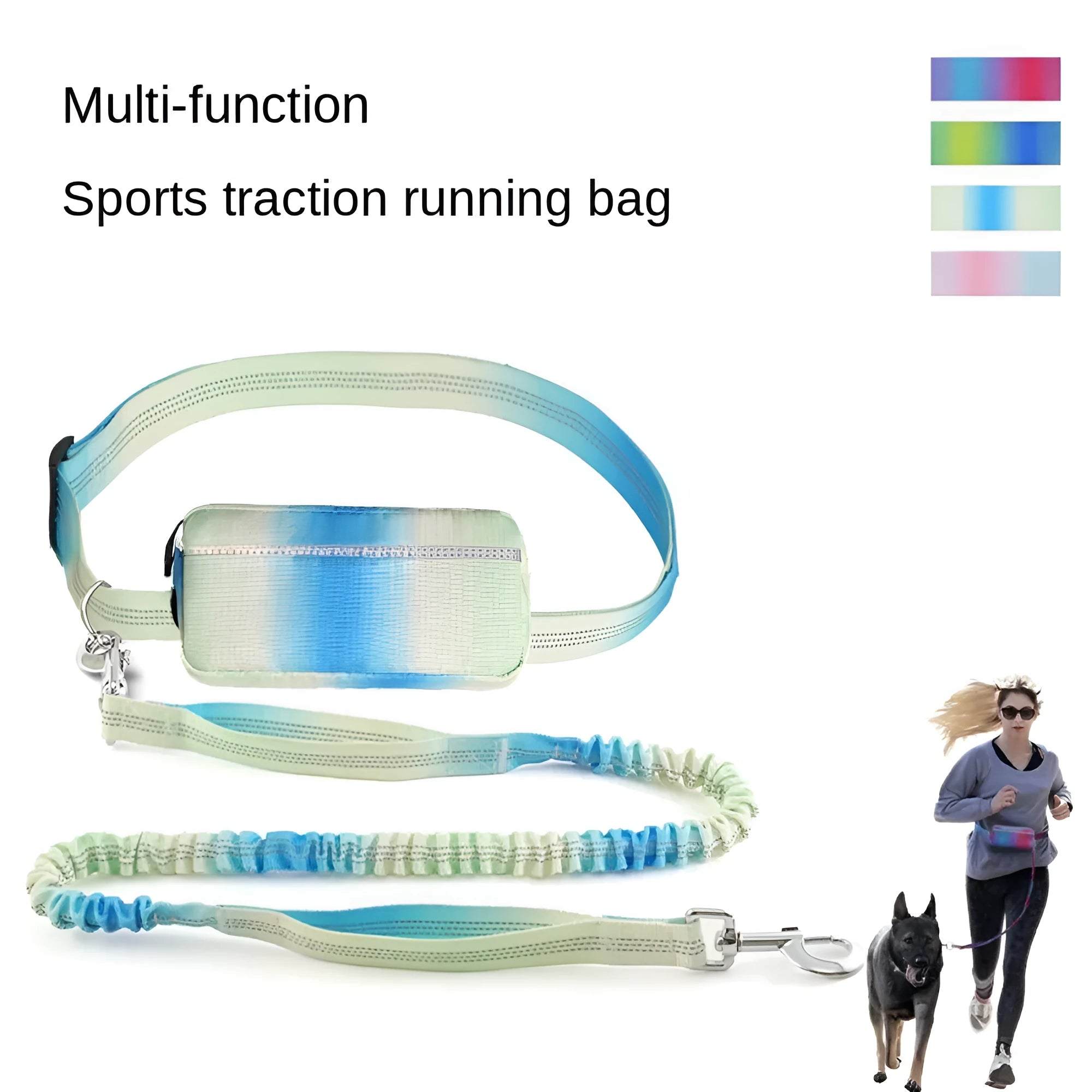 Hands-free adjustable dog leash with waist belt showing blue polyester traction rope with reflective stitching
