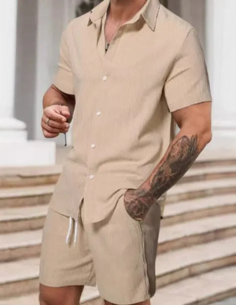 Men's striped casual short sleeve suit set with matching shorts in colour YT50313P1