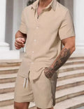 Men's striped casual short sleeve suit set with matching shorts in colour YT50313P1
