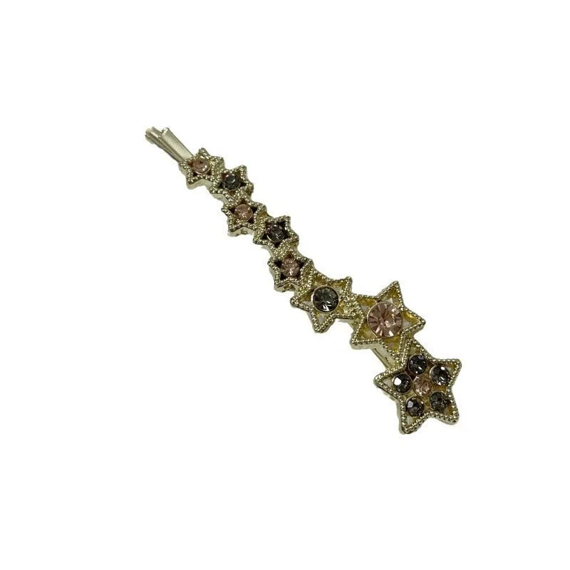 Gold-coloured alloy hair barrette with rhinestone, star, and word decoration in Korean style.