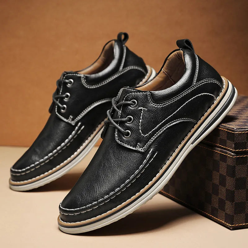 Men's genuine leather casual shoes with round toe and front lace-up in black, brown, or grey colour options