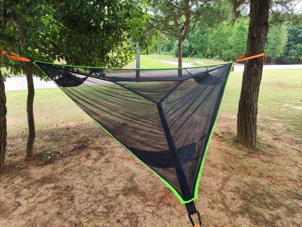 Aerial multi-person triangle hammock in green nylon 210T with 300KG capacity for outdoor camping