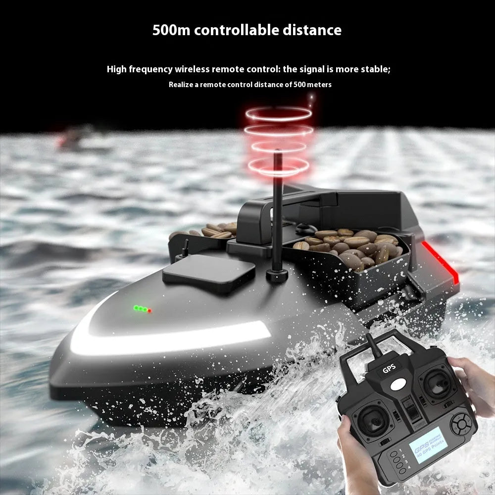 Black GPS remote control fishing boat with antenna on a calm lake
