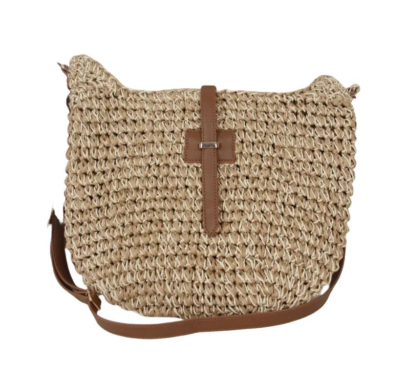 Beige handmade woven shoulder bag with sandwich pocket and long strap
