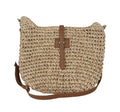 Beige handmade woven shoulder bag with sandwich pocket and long strap