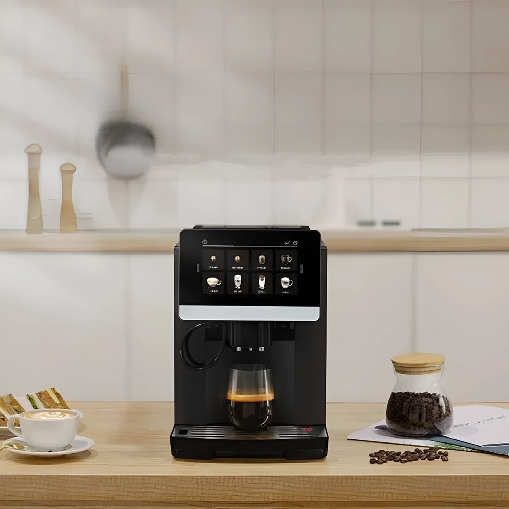 Black automatic small coffee machine with touch screen, 1.8L reservoir, ABS body, industrial style, on countertop