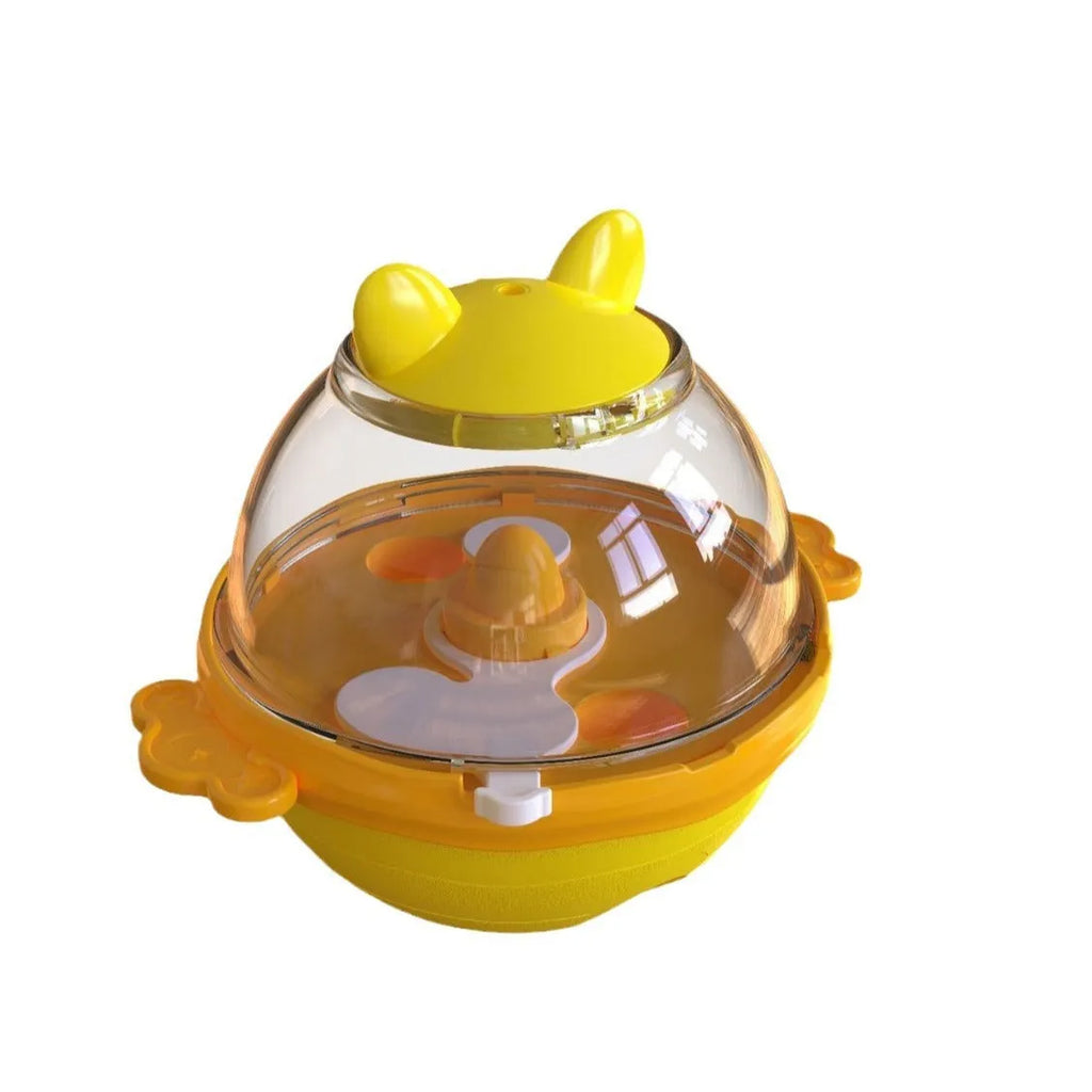 Yellow TPR dog food feeder tumbler toy with measurements 11.2 x 13.9 x 12.2 cm for slow feeding enrichment