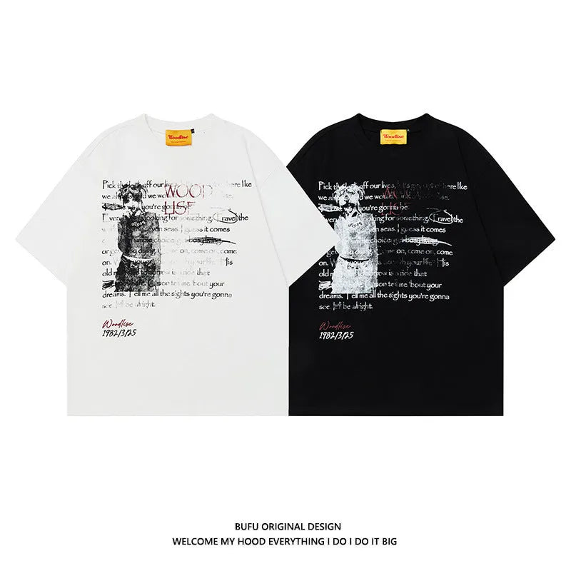 Men's black retro loose fit cotton t-shirt with white printed letters and raglan sleeves.
