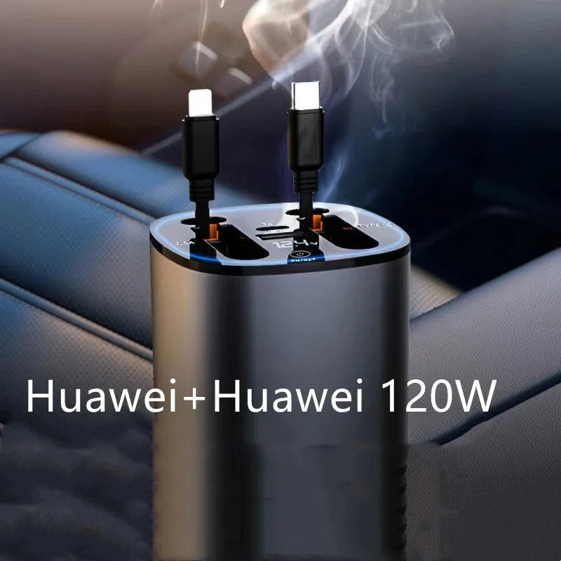 Automatic retractable car charger with QC3.0 fast charging, showing plug for 12V cigarette lighter socket.